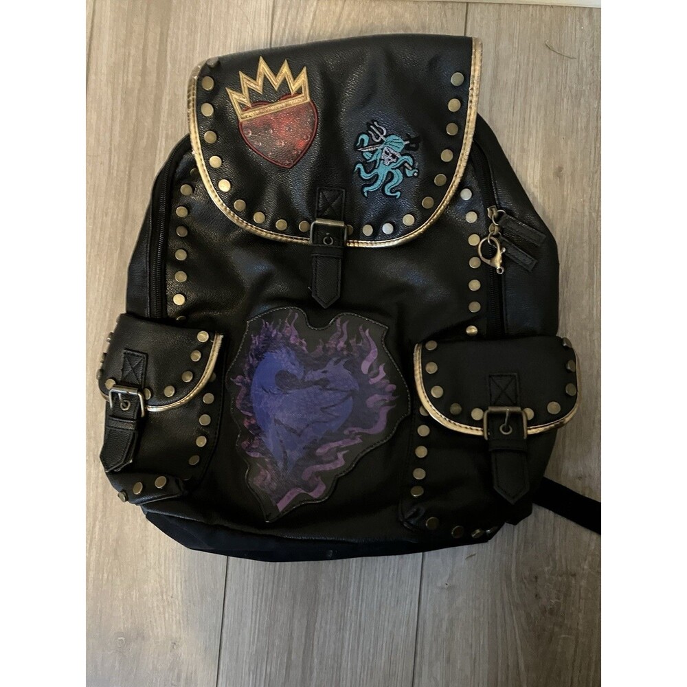 Disney Descendants Black Vegan Leather Front Gold Trim, Studs Backpack Villains